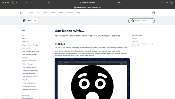 Font Awesome 공식 홈페이지의 "Use React with..." 페이지 화면 (2023.4.26 기준)